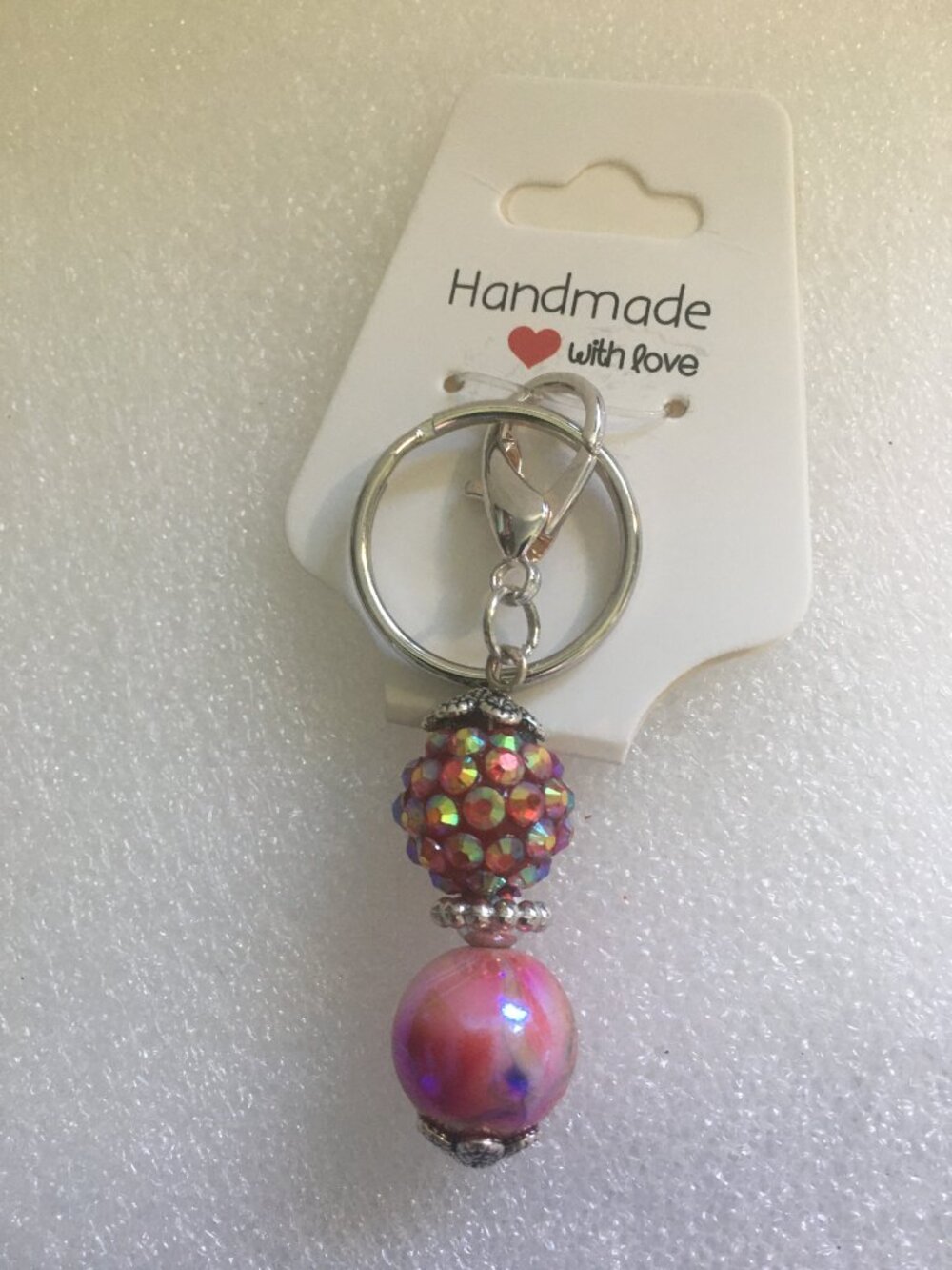 Acrylic Beaded Keychain – Red Marble & Iridescent Charm